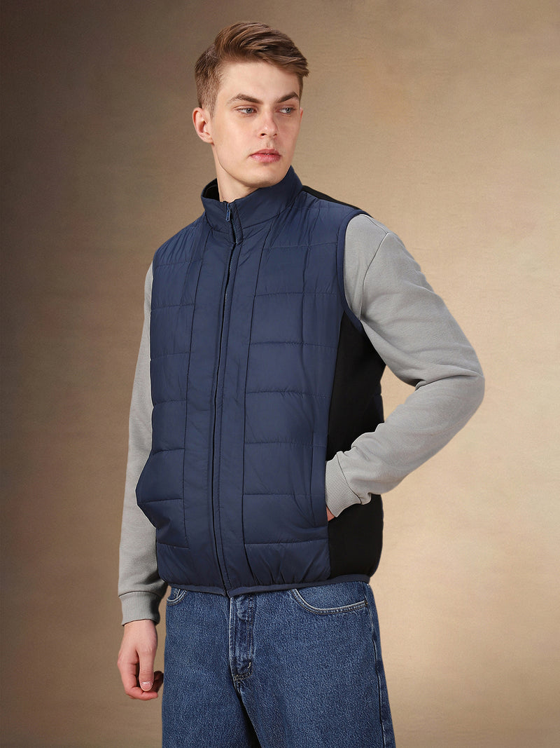 Men's Solid Stand Collar Sleeveless Regular Fit Gilet Jacket