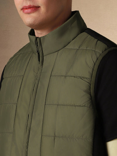 Men's Solid Olive Stand Collar Sleeveless Gilet Jacket