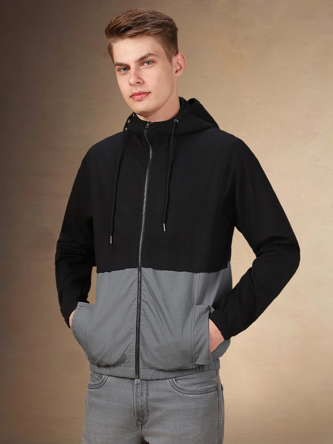 Men's Colorblocked Hooded Full Sleeves Regular Fit Jacket