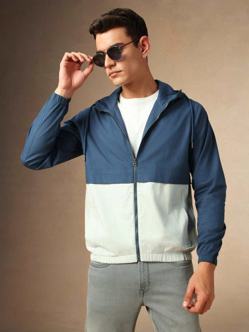 Men's Navy Colourblocked Hooded Full Sleeves Jacket