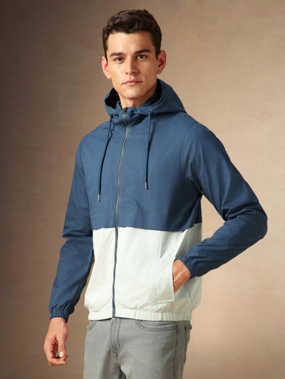 Men's Navy Colourblocked Hooded Full Sleeves Jacket