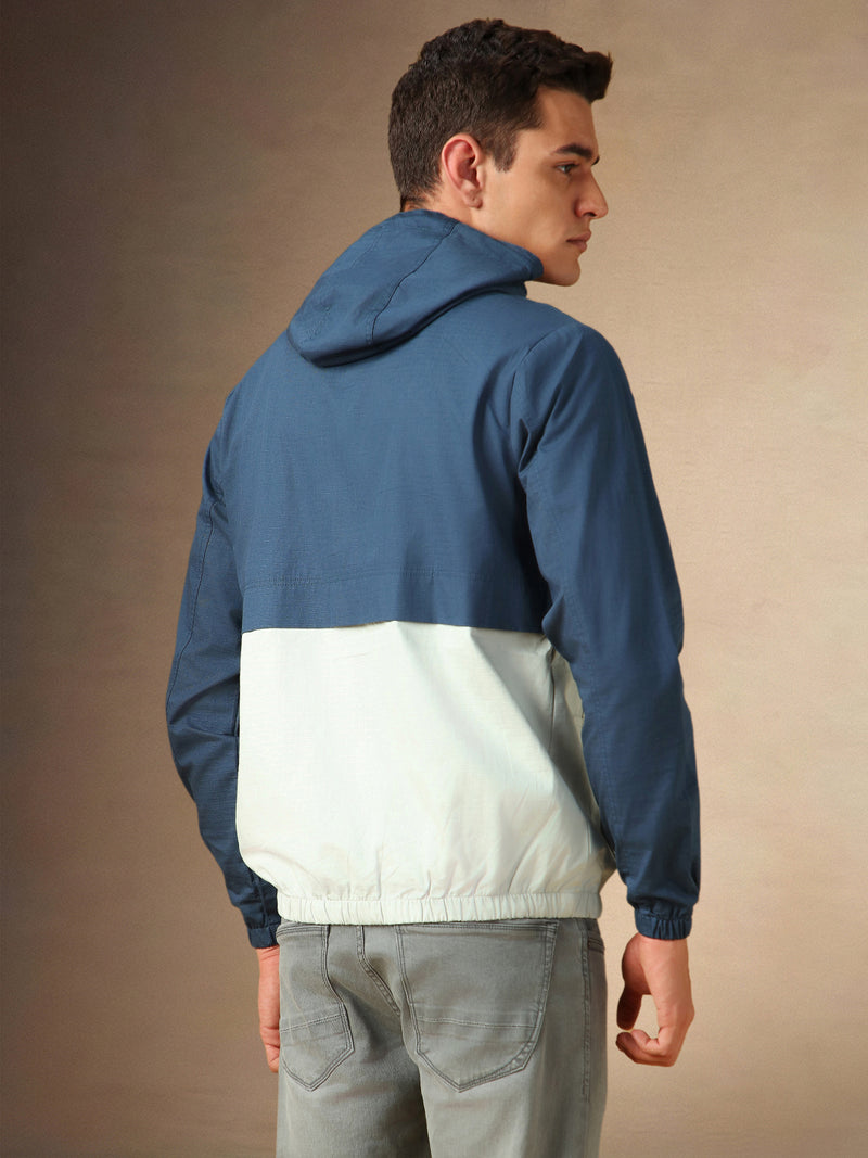 Men's Navy Colourblocked Hooded Full Sleeves Jacket