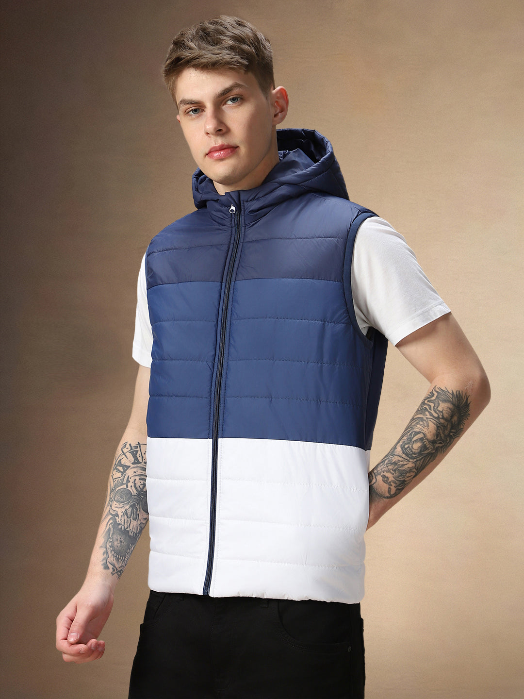 Men's Navy & White Colourblock Hooded Gilet Jacket