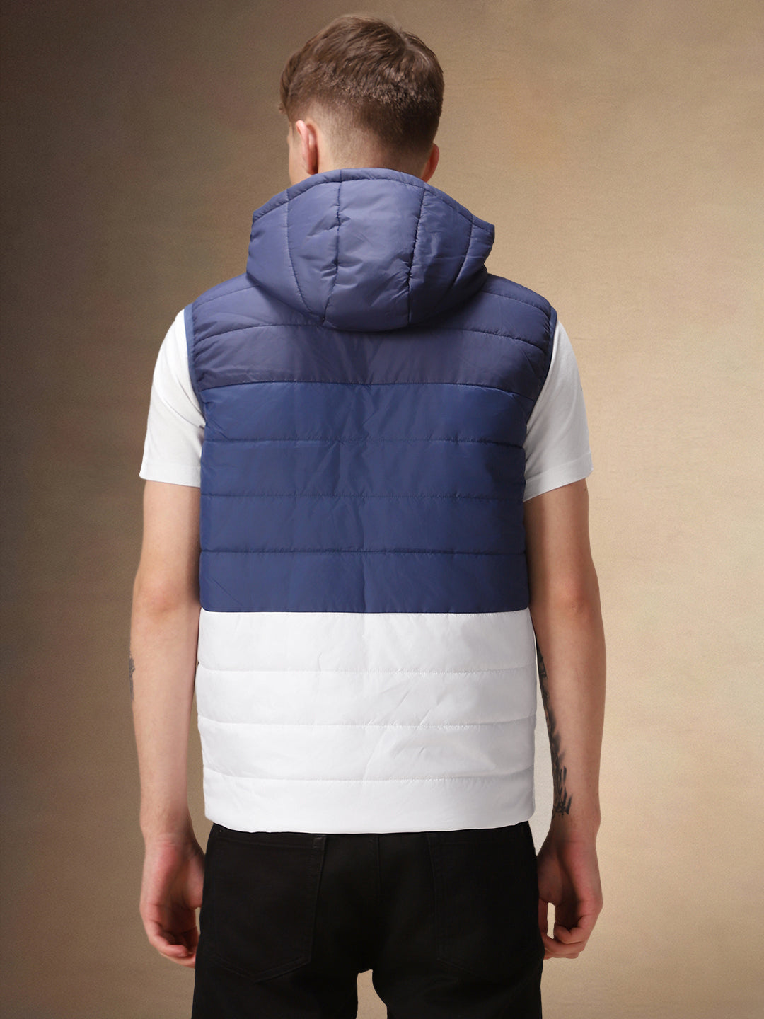 Men's Navy & White Colourblock Hooded Gilet Jacket