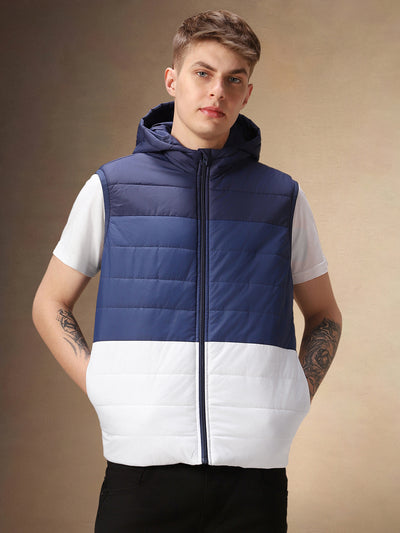 Men's Navy & White Colourblock Hooded Gilet Jacket