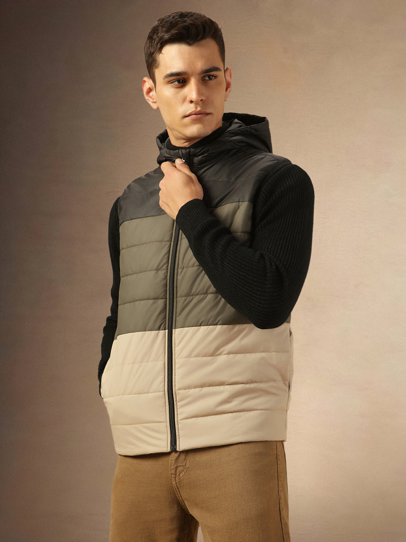 Men's Olive & Black Colorblock Hooded Gilet Jacket