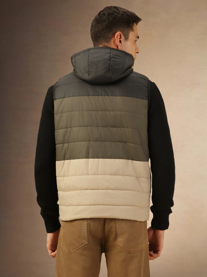 Men's Olive & Black Colorblock Hooded Gilet Jacket