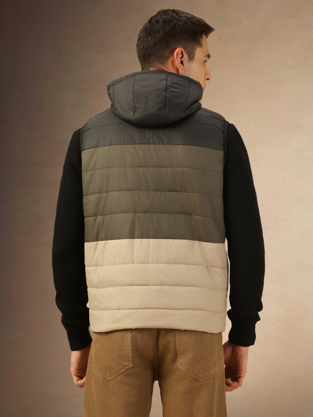 Men's Olive & Black Colorblock Hooded Gilet Jacket