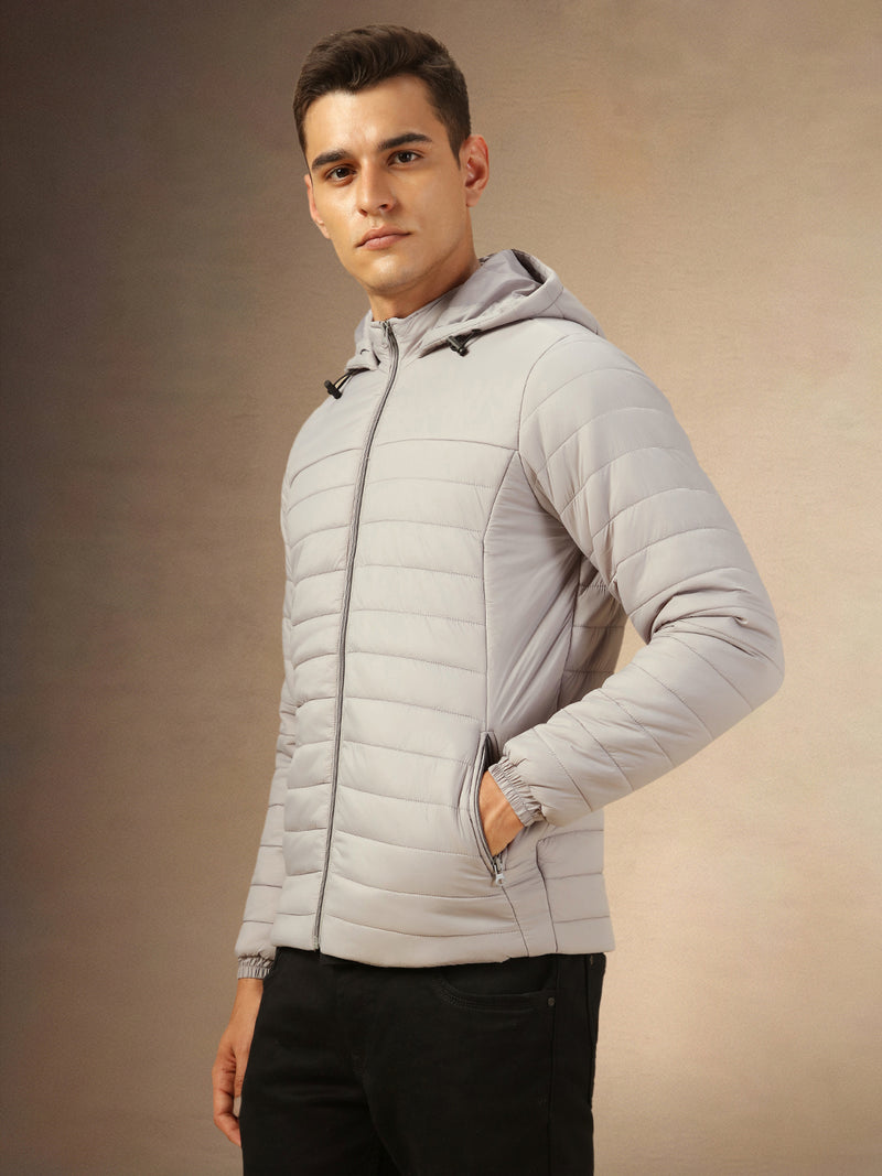 Men's Grey Solid Full Sleeves Hooded Jacket