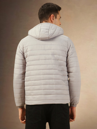 Men's Grey Solid Full Sleeves Hooded Jacket