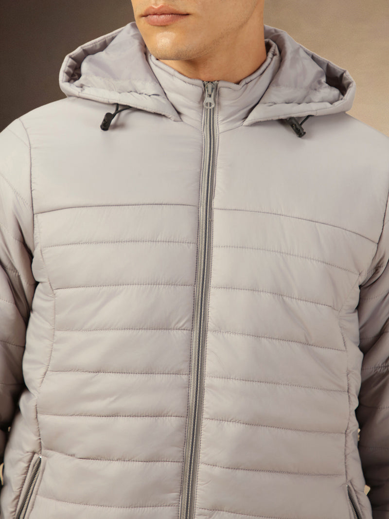 Men's Grey Solid Full Sleeves Hooded Jacket