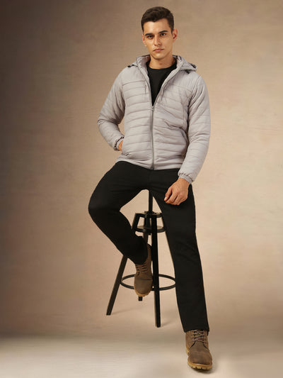 Men's Grey Solid Full Sleeves Hooded Jacket