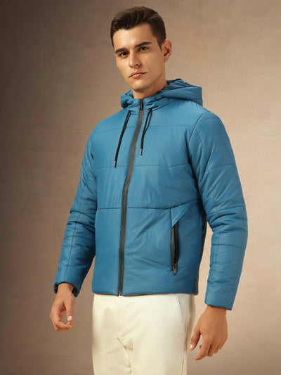 Men's Blue Hooded Full Sleeves Puffer Jacket