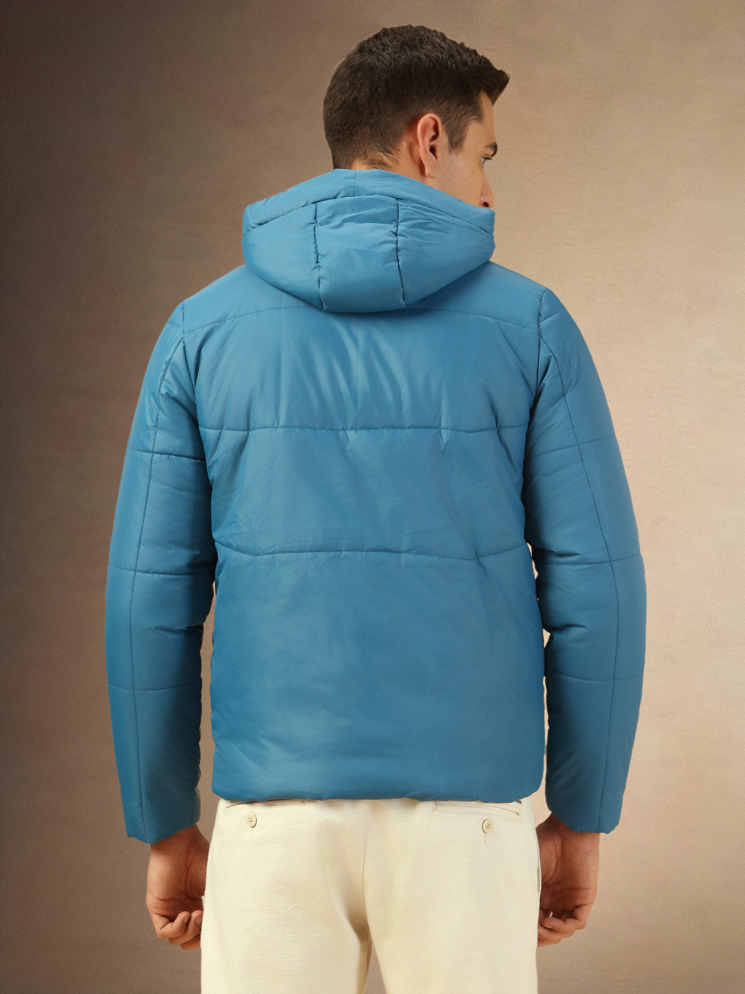 Men's Blue Hooded Full Sleeves Puffer Jacket