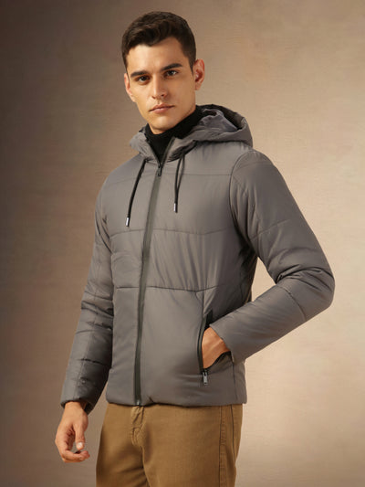 Men's Grey Hooded Full Sleeves Puffer Jacket