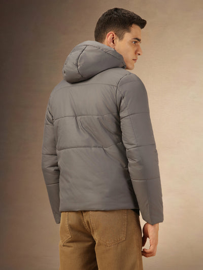 Men's Grey Hooded Full Sleeves Puffer Jacket