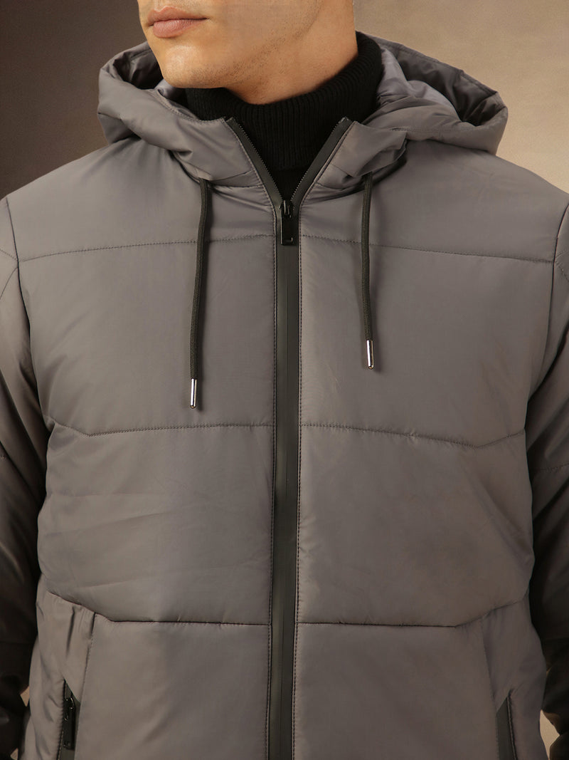 Men's Grey Hooded Full Sleeves Puffer Jacket