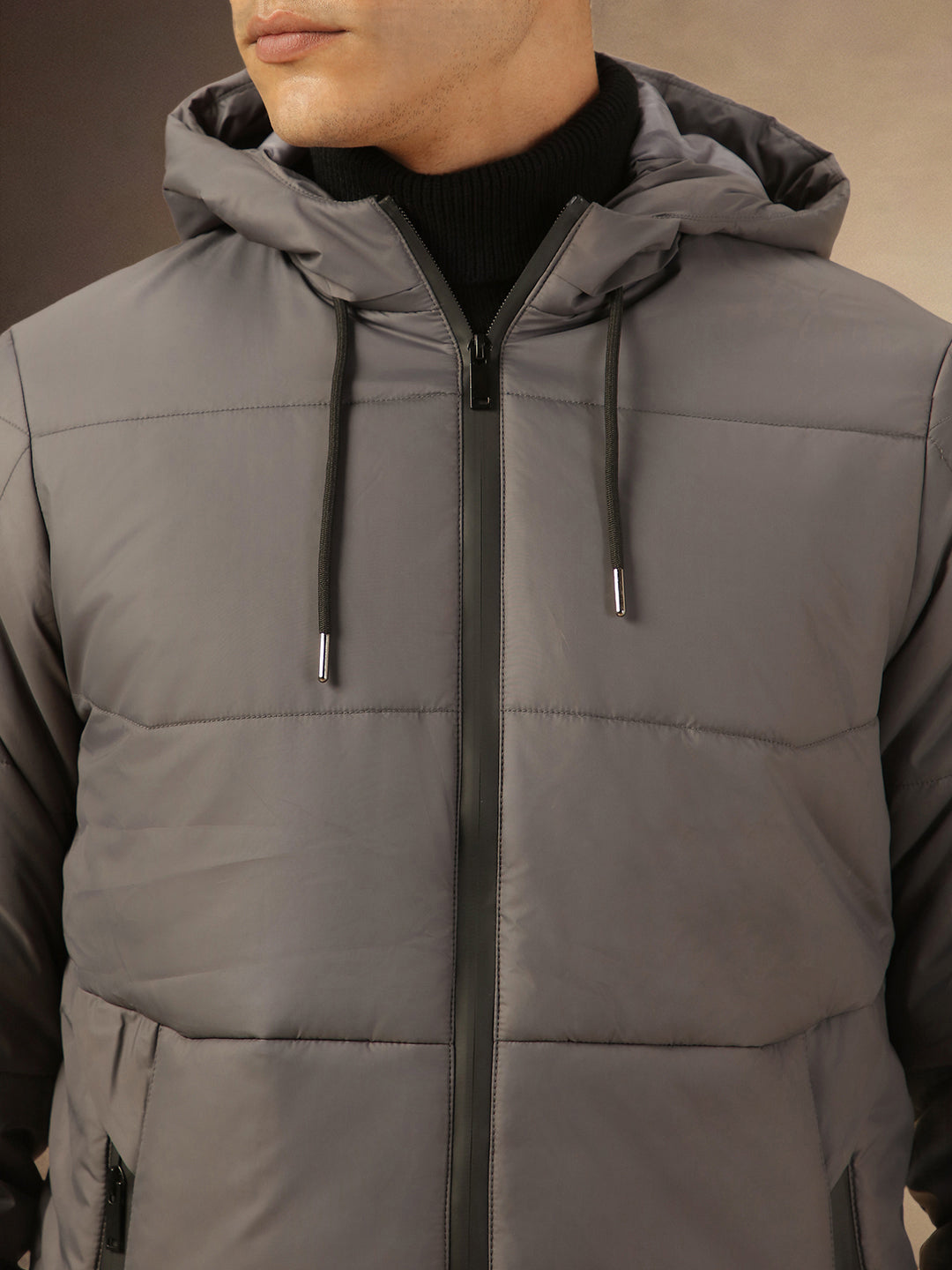 Men's Grey Hooded Full Sleeves Puffer Jacket