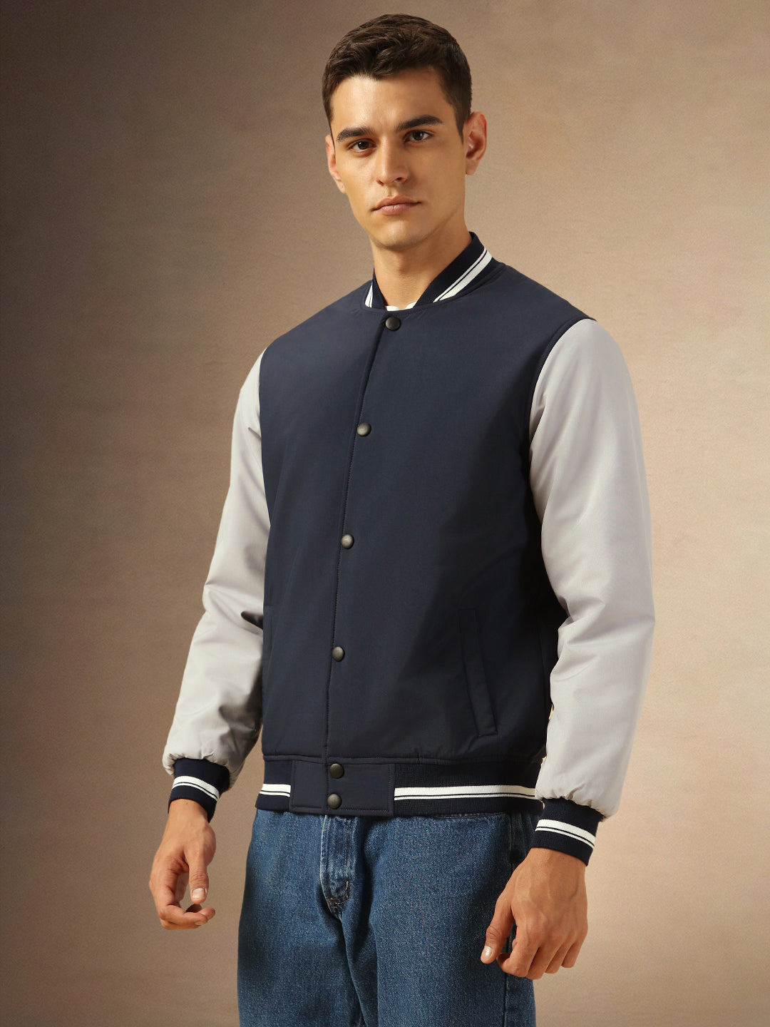 Men's Navy Blue Full Sleeves Rib Collar Bomber Jacket