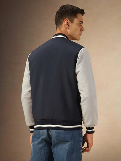 Men's Navy Blue Full Sleeves Rib Collar Bomber Jacket