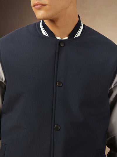 Men's Navy Blue Full Sleeves Rib Collar Bomber Jacket