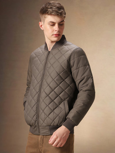 Men's Solid Quilted Rib Collar Full Sleeves Bomber Jacket