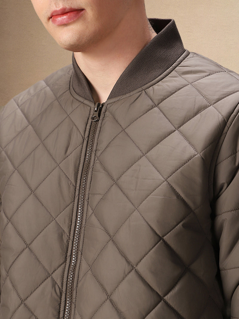 Men's Solid Quilted Rib Collar Full Sleeves Bomber Jacket