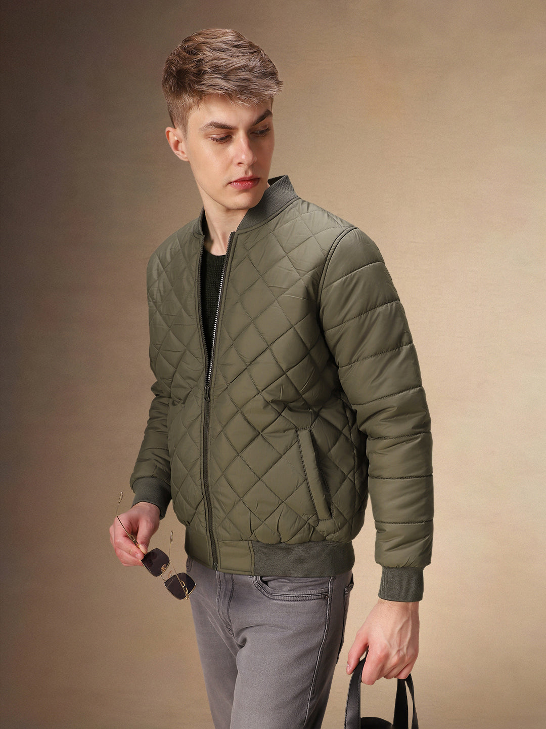 Men's Solid Olive Quilted Rib Collar Full Sleeves Bomber Jacket