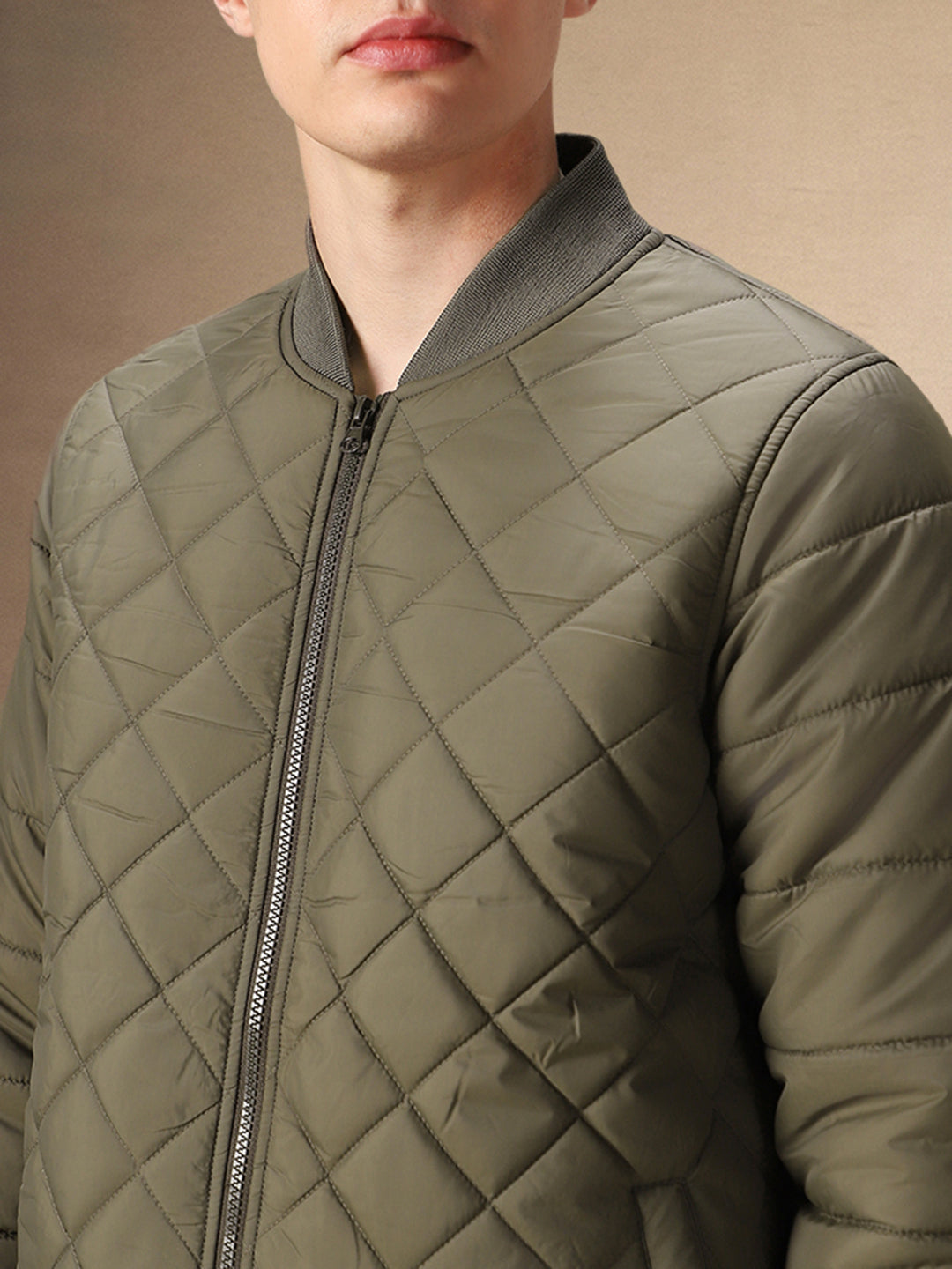 Men's Solid Olive Quilted Rib Collar Full Sleeves Bomber Jacket