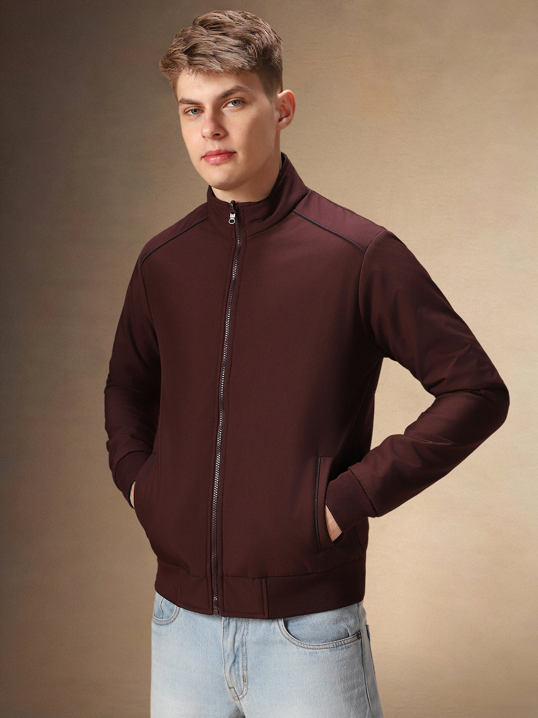 Men's Maroon Reversible Mock Neck Full Sleeves Jacket