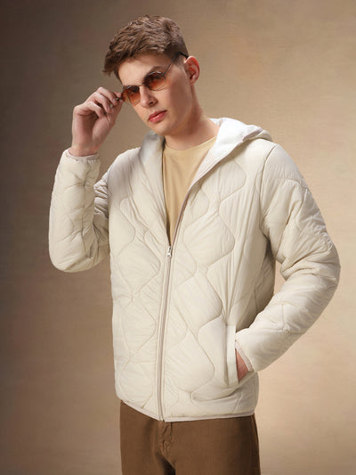 Men's Solid Beige Quilted Full Sleeves Hooded Puffer Jacket