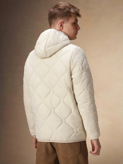 Men's Solid Beige Quilted Full Sleeves Hooded Puffer Jacket