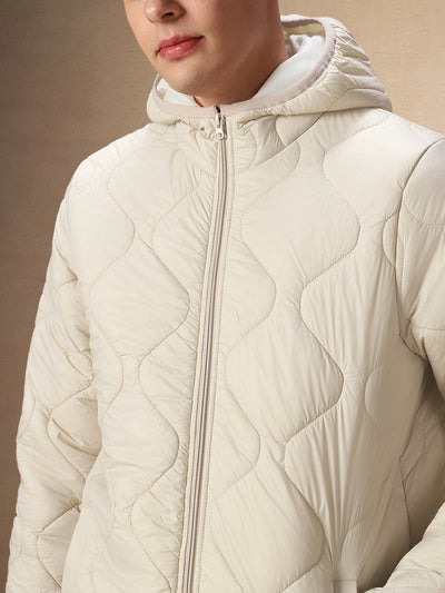 Men's Solid Beige Quilted Full Sleeves Hooded Puffer Jacket