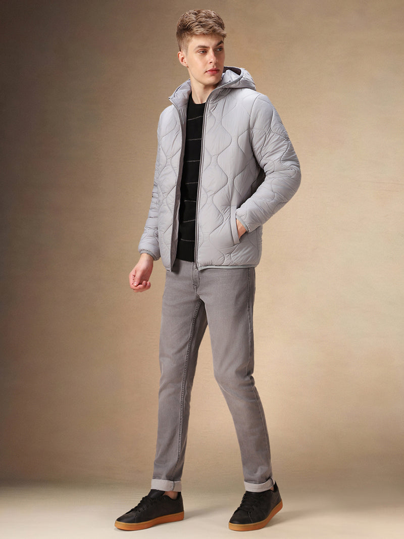 Men's Solid Grey Quilted Full Sleeves Hooded Puffer Jacket