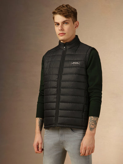 Men's Black Solid Mock Neck Sleeveless Regular Fit Reversible Padded Jacket