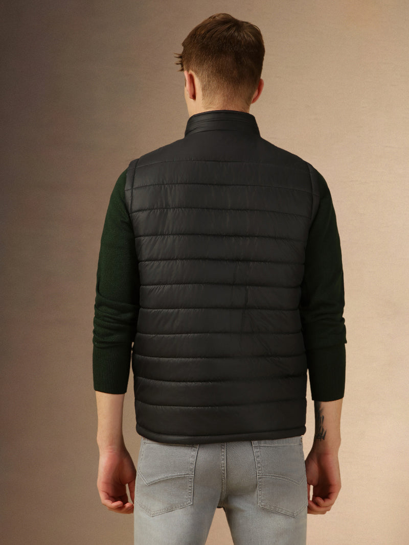 Men's Black Solid Mock Neck Sleeveless Regular Fit Reversible Padded Jacket