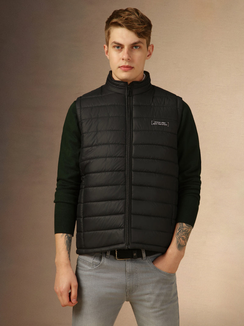 Men's Black Solid Mock Neck Sleeveless Regular Fit Reversible Padded Jacket