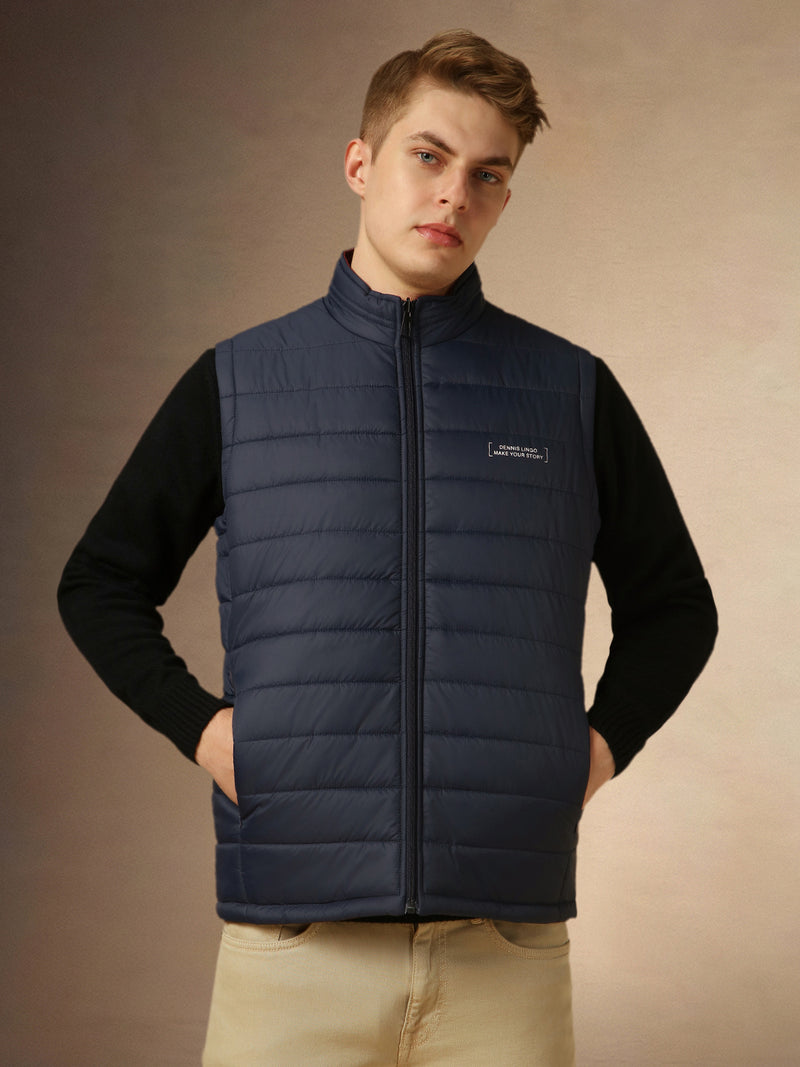 Men's Navy Mock Neck Sleeveless Regular Fit Reversible Padded Jacket