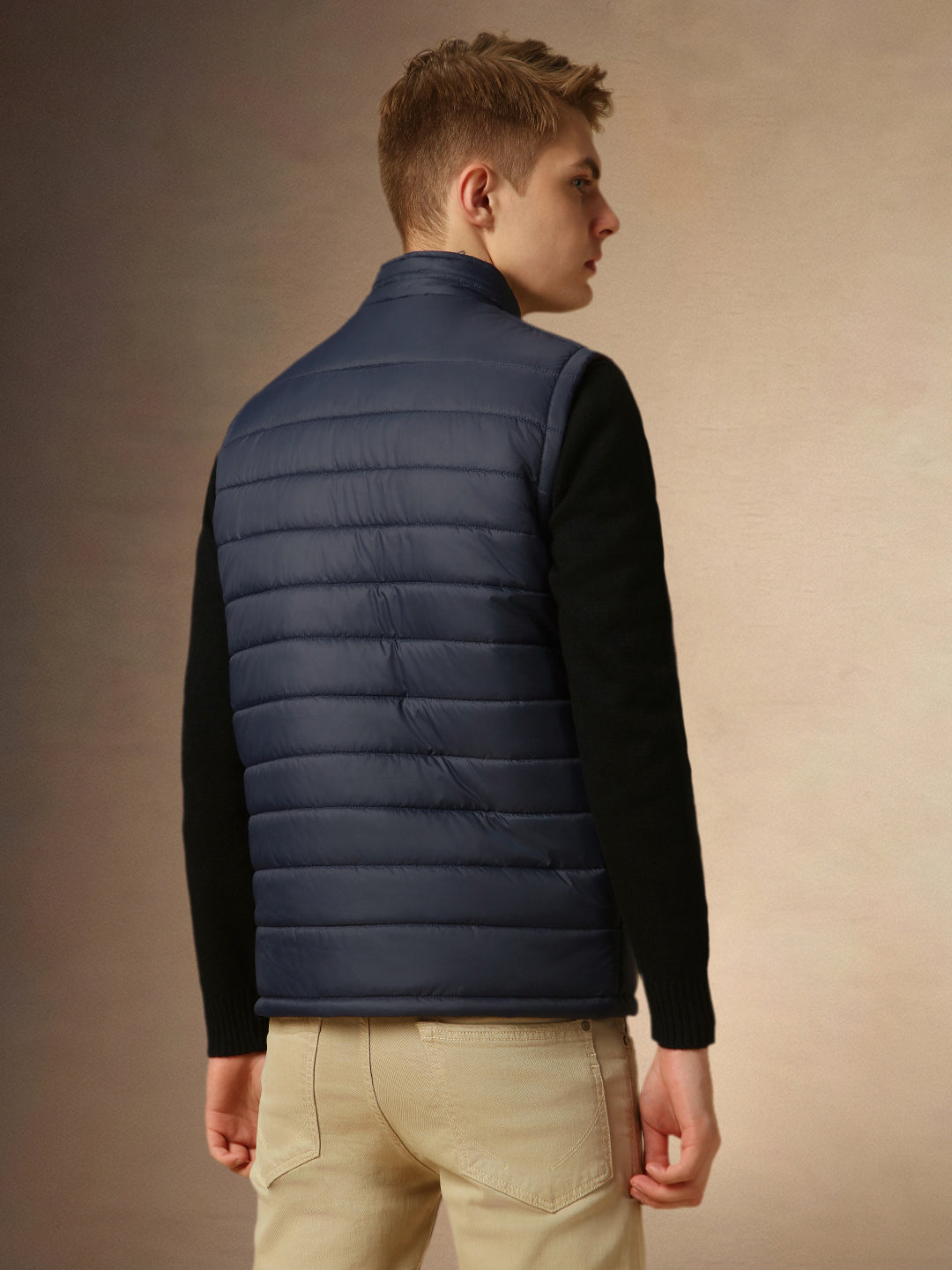 Men's Navy Mock Neck Sleeveless Regular Fit Reversible Padded Jacket