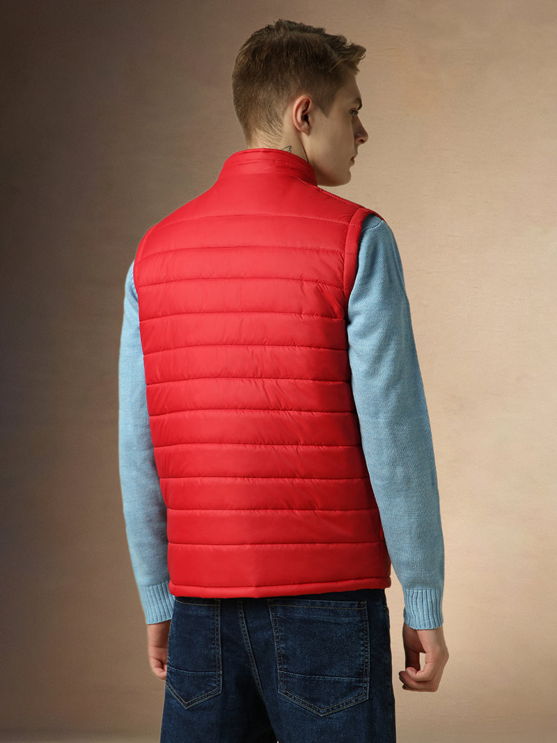 Men's Red Mock Neck Sleeveless Regular Fit Reversible Padded Jacket