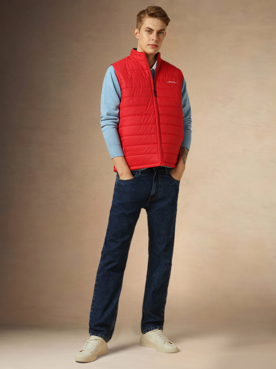 Men's Red Mock Neck Sleeveless Regular Fit Reversible Padded Jacket