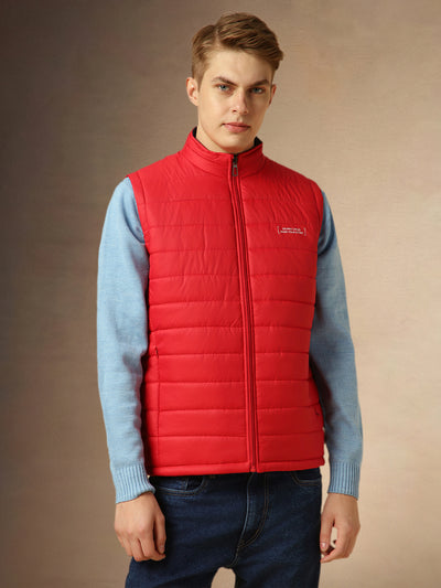 Men's Red Mock Neck Sleeveless Regular Fit Reversible Padded Jacket