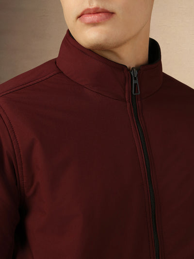 Men's Wine Solid Mock Neck Full Sleeves Regular Fit Padded Jacket