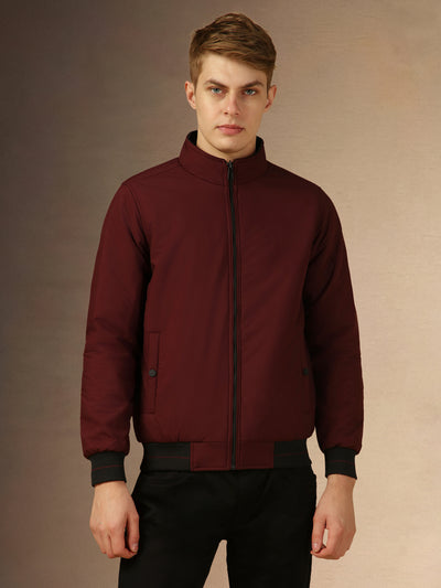 Men's Wine Solid Mock Neck Full Sleeves Regular Fit Padded Jacket