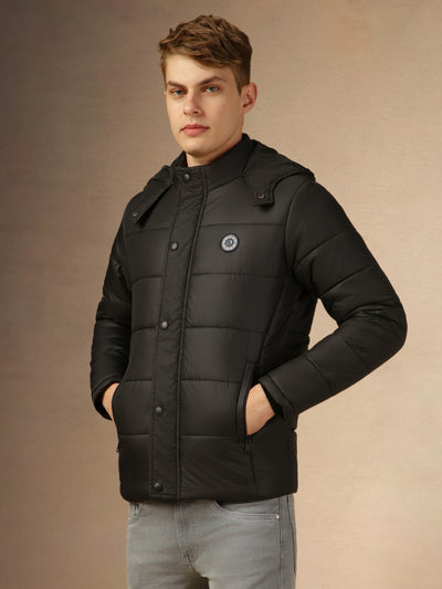 Men's Black Solid Hooded Full Sleeves Regular Fit Padded Jacket