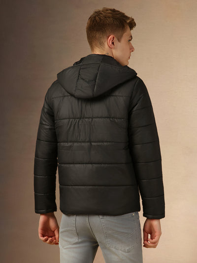 Men's Black Solid Hooded Full Sleeves Regular Fit Padded Jacket