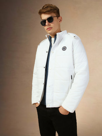 Men's White Hooded Full Sleeves Regular Fit Padded Jacket