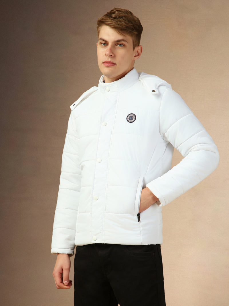 Men's White Hooded Full Sleeves Regular Fit Padded Jacket