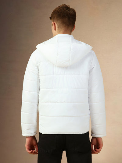 Men's White Hooded Full Sleeves Regular Fit Padded Jacket