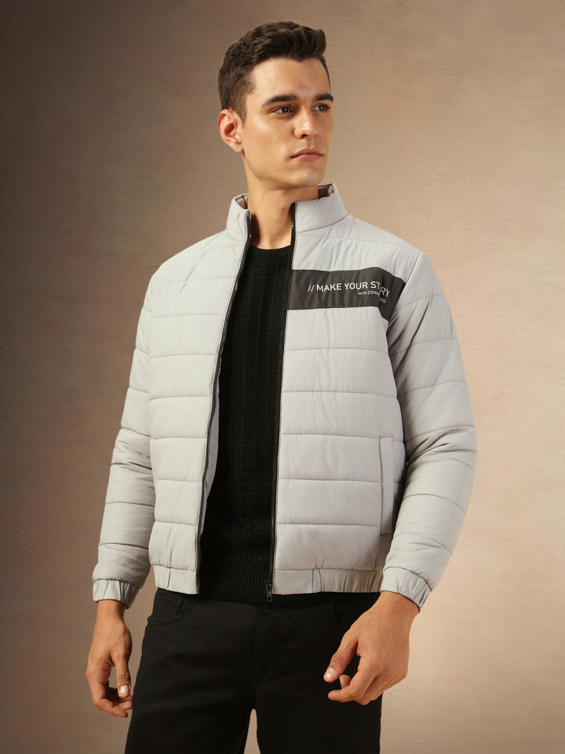 Men's Grey Mock Neck Full Sleeves Puffer Jacket